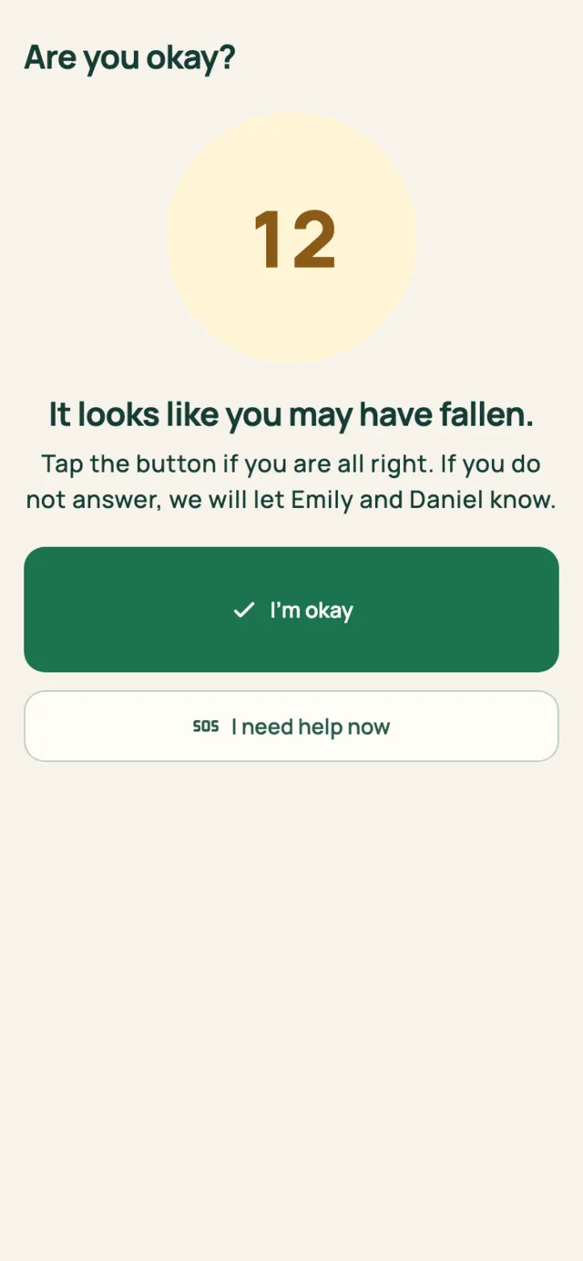 The fall check-in: a ten-second countdown, the question 'It looks like you may have fallen', and a large 'I'm okay' button.