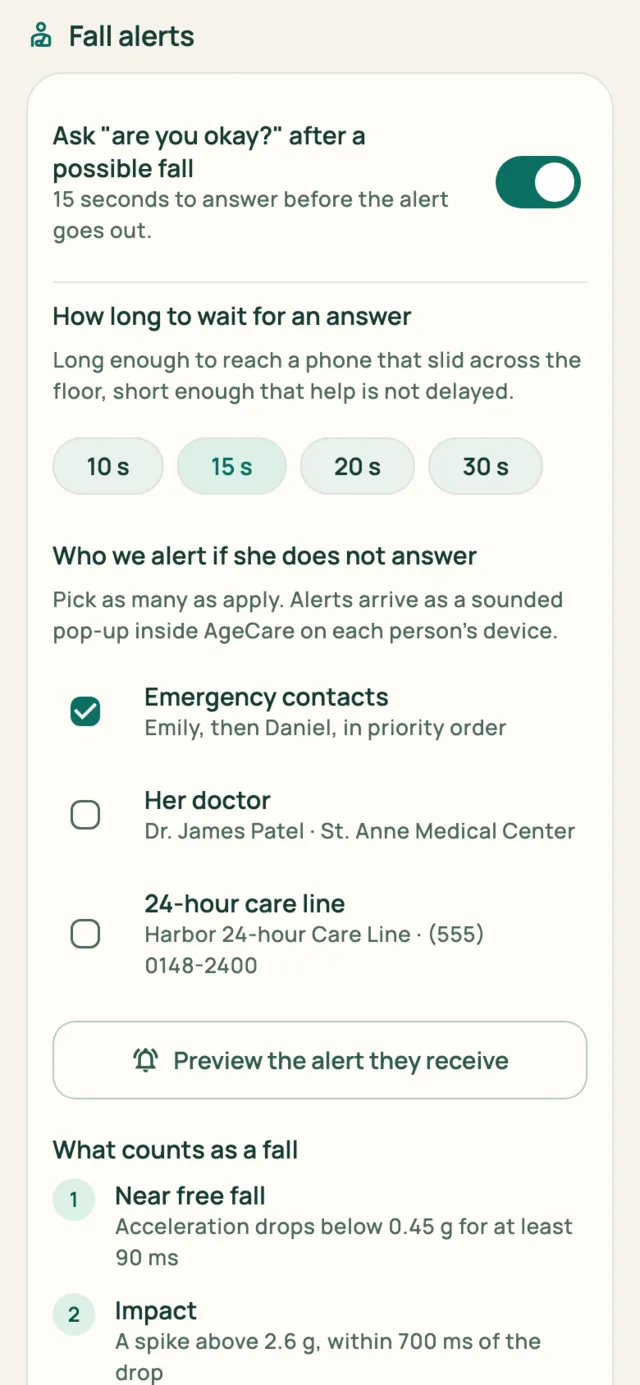 Fall alert settings: how long she gets to answer, and who is told, whether emergency contacts, her doctor, or a 24-hour care line.