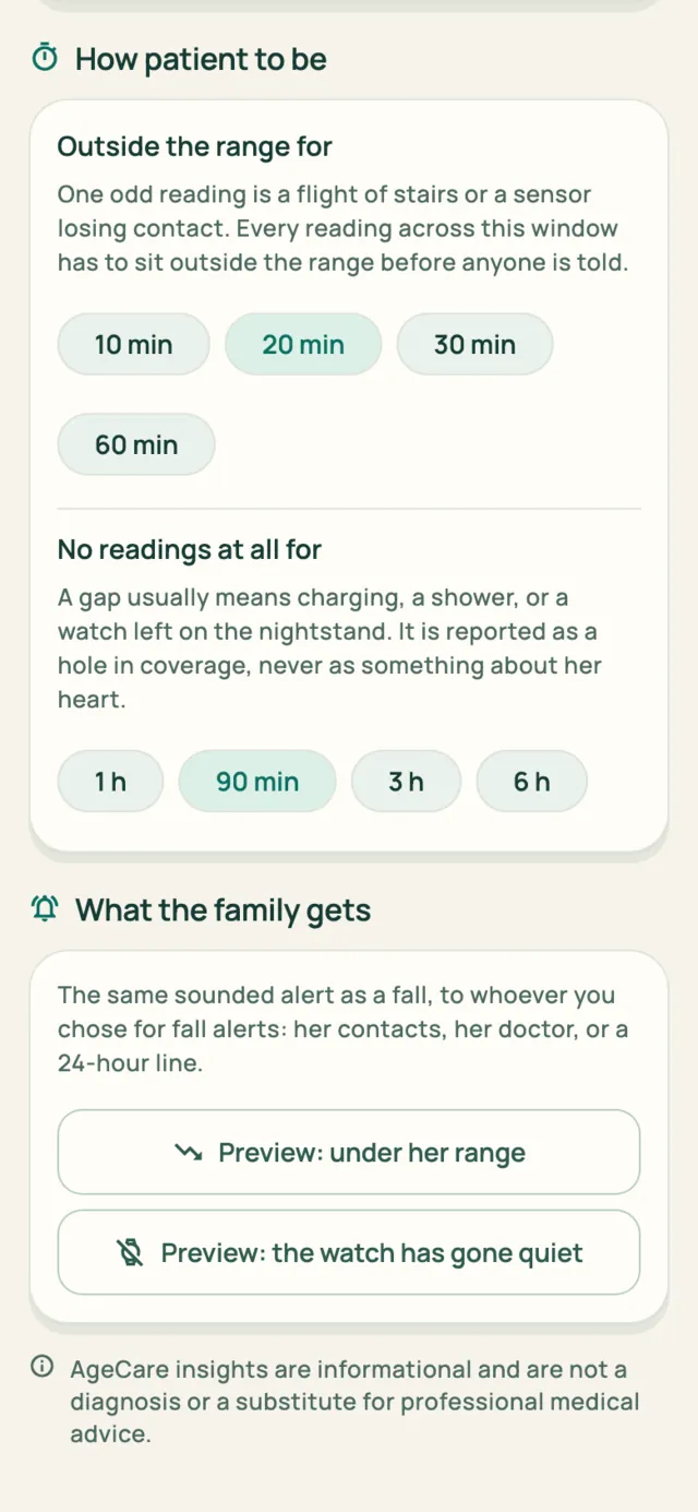 The settings: how long readings must stay outside her range, and how long the watch may stay silent, before the family is told.