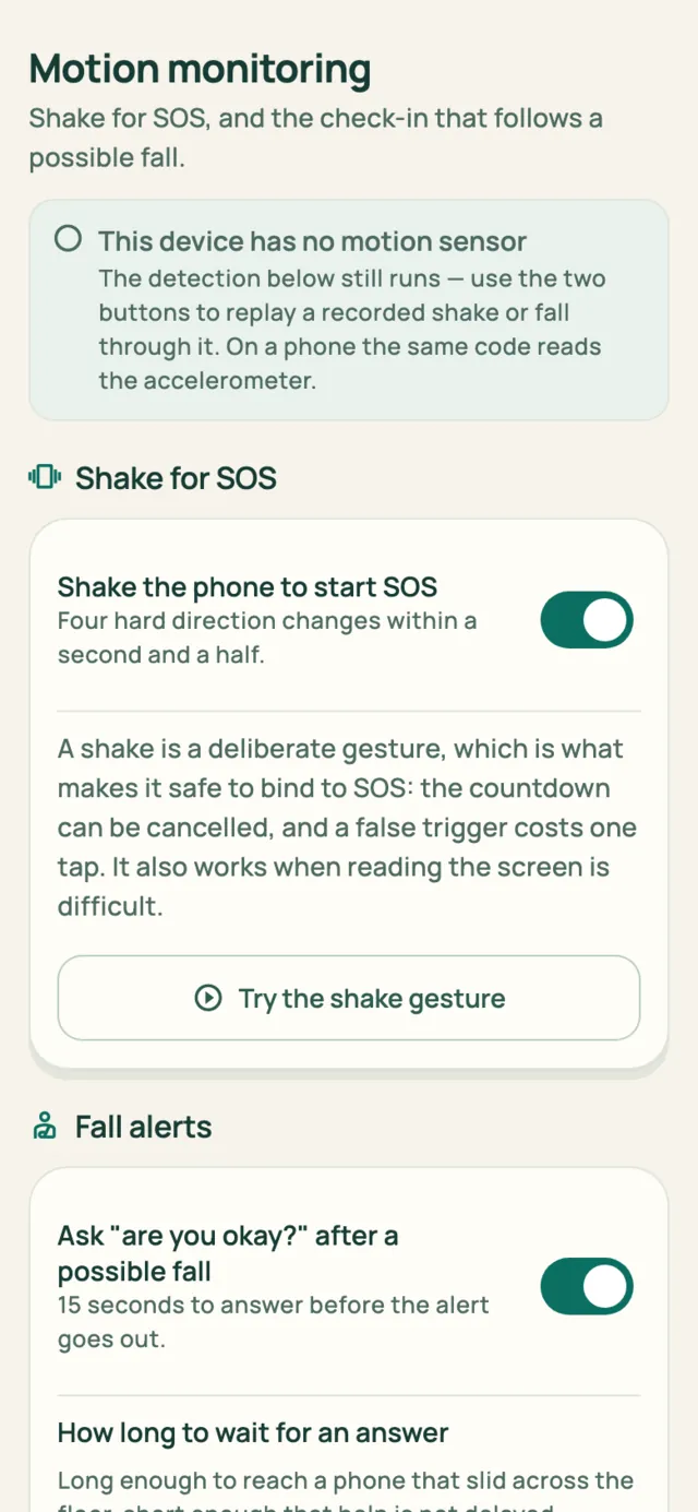 Motion monitoring settings: shake the phone to start SOS, and fall alerts beside it.