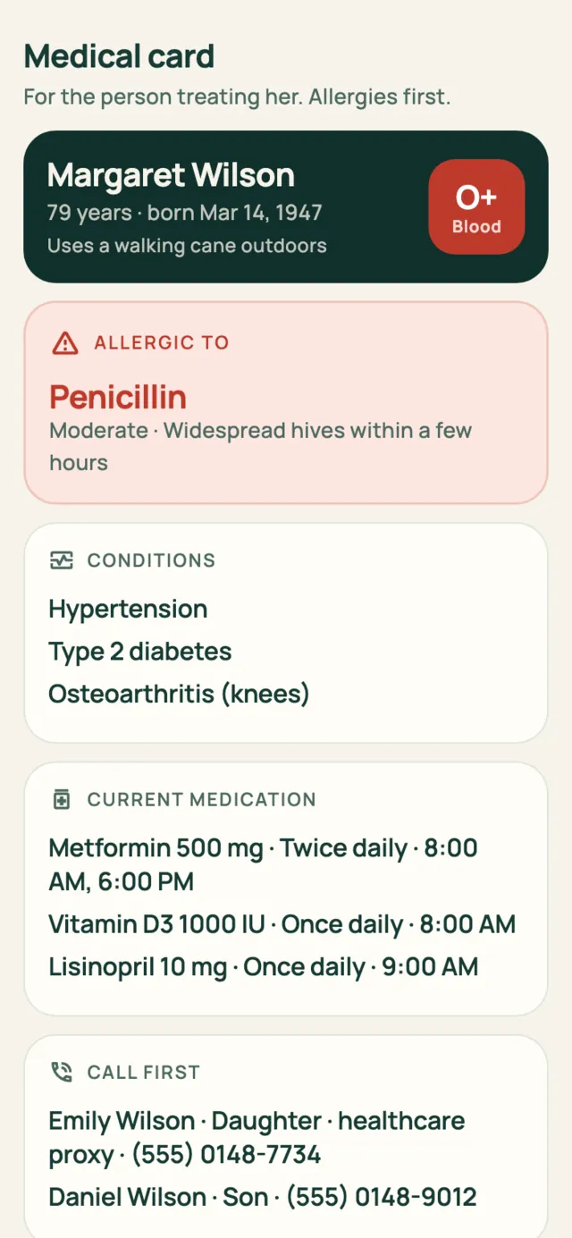 The medical card: name, age, blood type, then allergies in red, conditions, current medication and who to call.