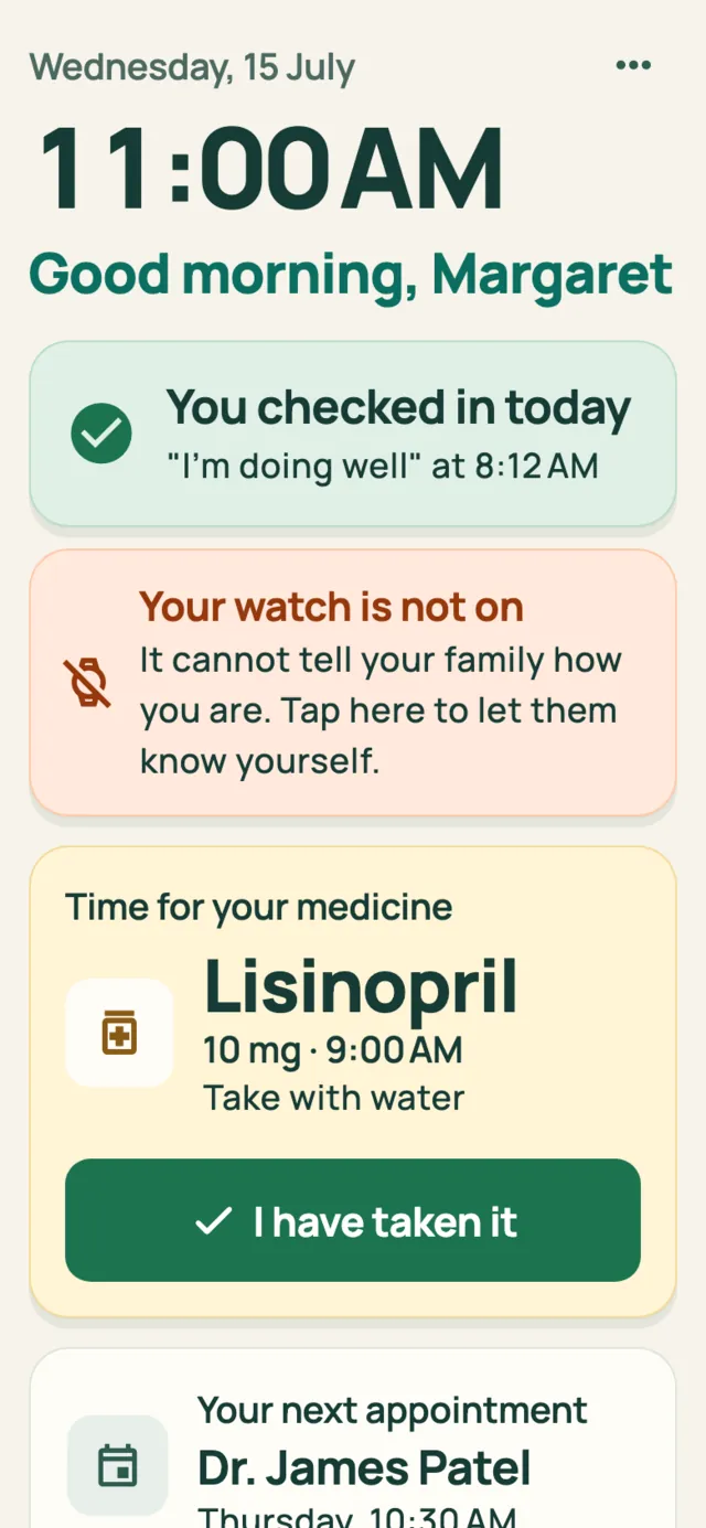 Senior Mode home: a large clock, a completed check-in, and the next medicine with a single confirm button.