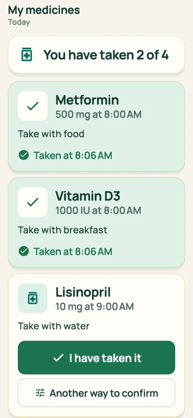 Senior Mode medicines list with large type and one action per medicine.