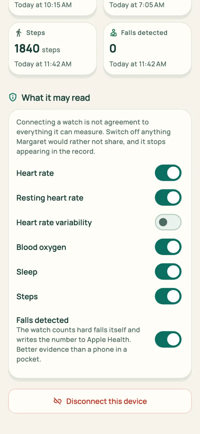A switch for each signal the watch may share: heart rate, blood oxygen, sleep, steps and falls.